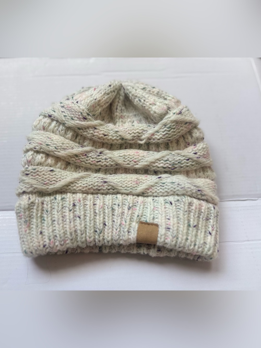 Sonoma Cream Speckled Cable Knit Kids Beanie